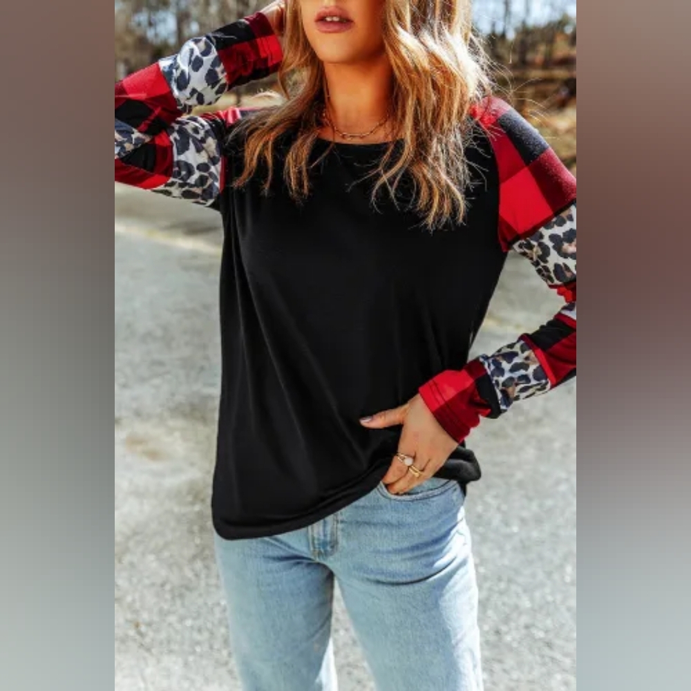 NWT'S- OVER THE MOON - Black w/Red Plaid & Leopard Print Long Sleeve T…